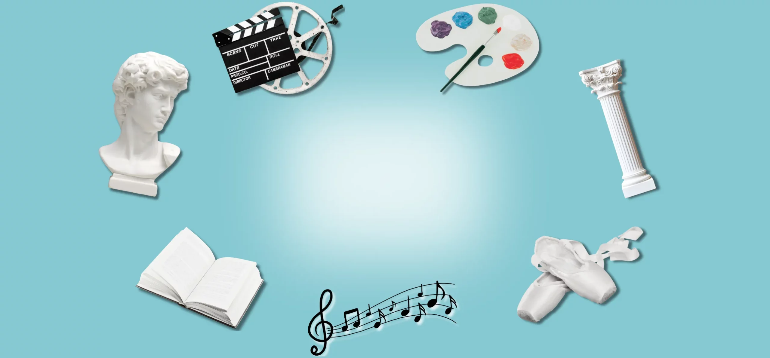 Image d'accueil d'Artiscience représentant les 7 arts populaires : littérature, sculpture, cinéma, peinture, architecture, danse, théâtre et musique.