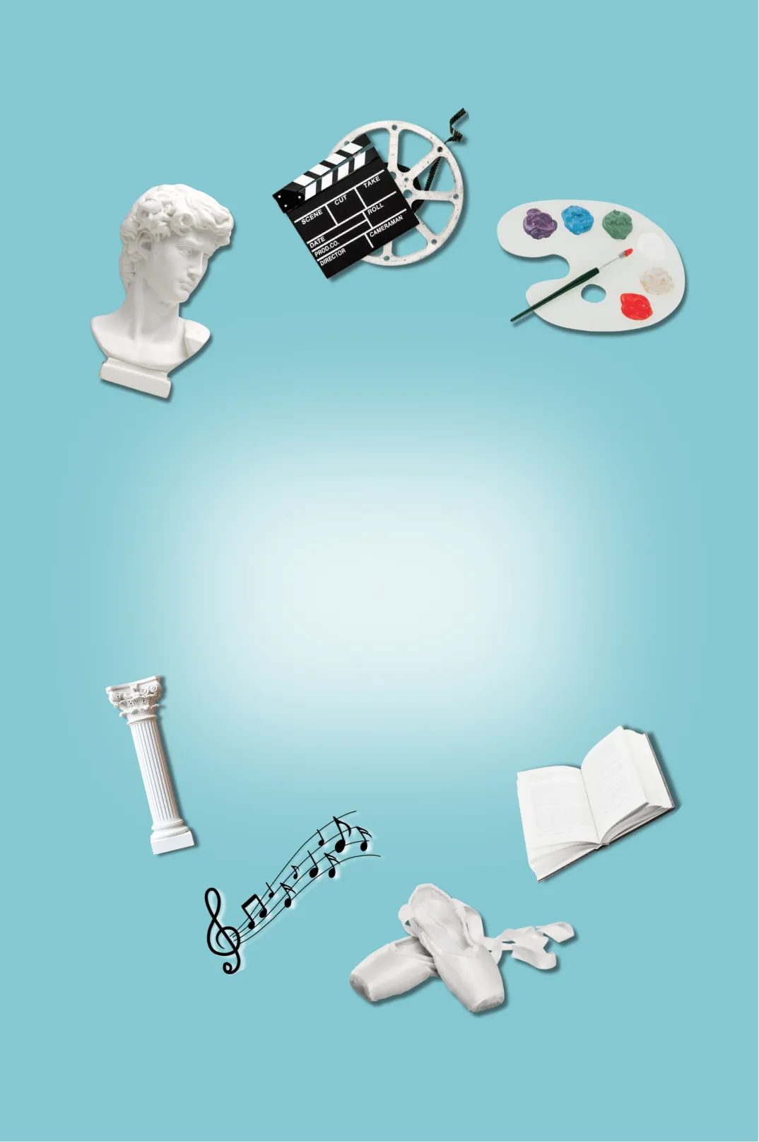 Petite image d'accueil d'Artiscience représentant les 7 arts populaires : littérature, sculpture, cinéma, peinture, architecture, danse, théâtre et musique.