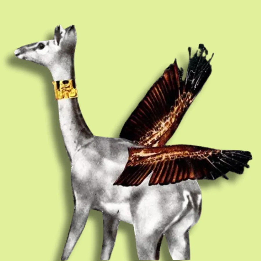 Image étiquette pour l’atelier scientifique scolaire biodiversité et classification des espèces : une créature mythologique réalisée par des élèves à partir de collages.